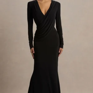 Daphira | Vestido Largo Negro con Escote En V Profundo Extremo