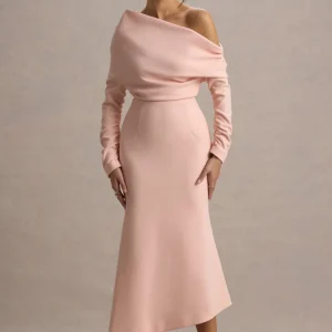 Lou | Vestido largo rosa con mangas largas y dobladillo asimétrico