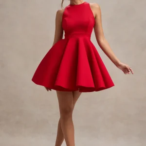 Waverly | Vestido corto en rojo con espalda abierta y falda skater