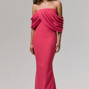 Serene | Vestido Largo Bardot drapeado en rosa intenso