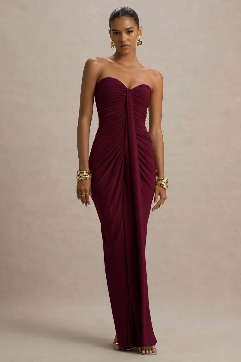Ali | Vestido Largo Burdeos con Escote Corazón, Drapeado y Lazo - Imagen 4