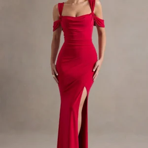 Amoura | Vestido Largo Rojo con escote Cuadrado y Drapeados