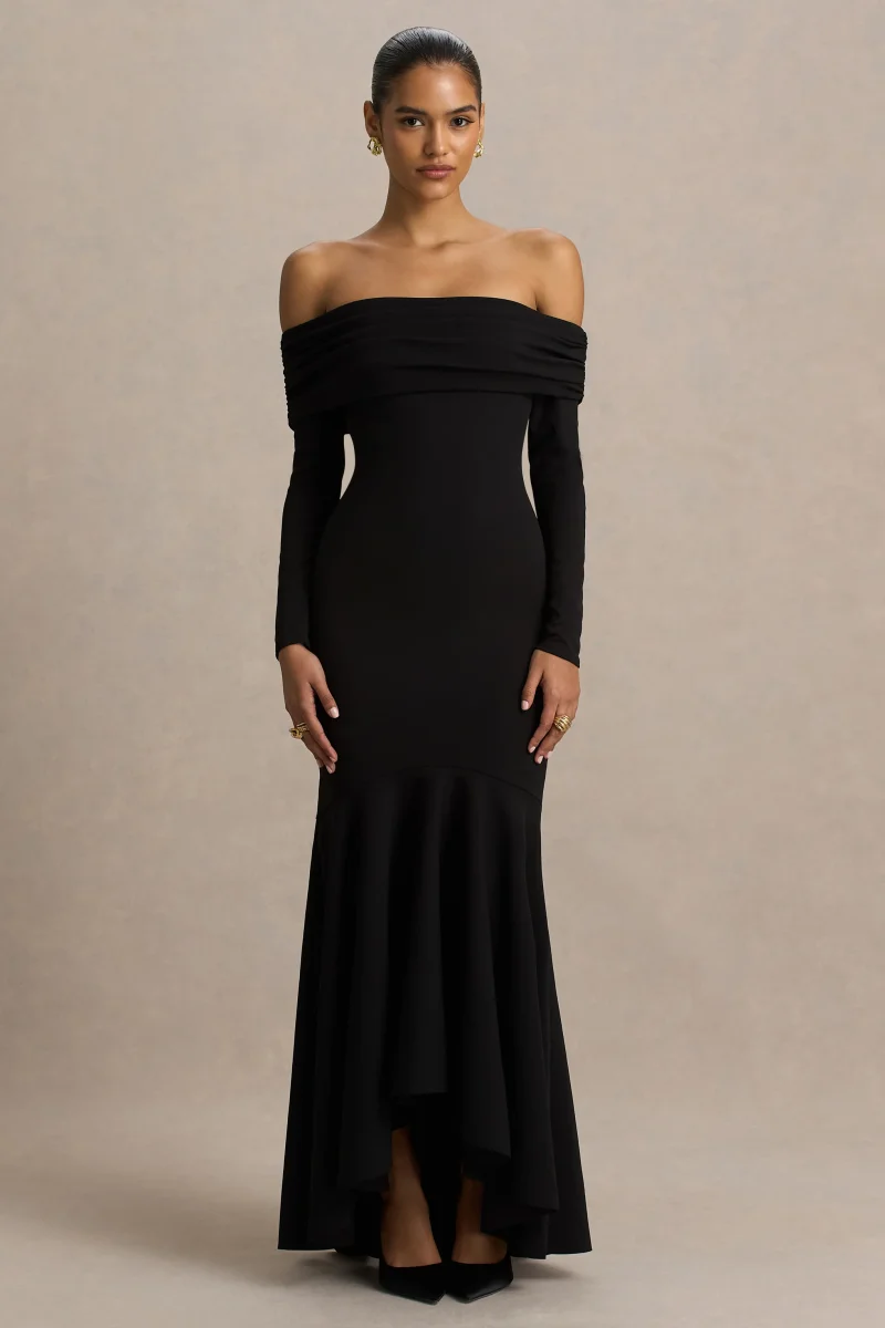 Everlasting | Vestido Largo Negro de Escote Bardot con Cintura Caída - Imagen 5