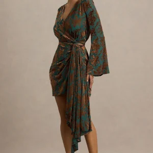 Dimitra | Vestido Corto cruzado de terciopelo devoré en verde oscuro y marrón con escote pronunciado