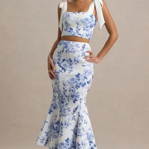 Amadea | Falda midi ajustada de talle alto con estampado de porcelana azul