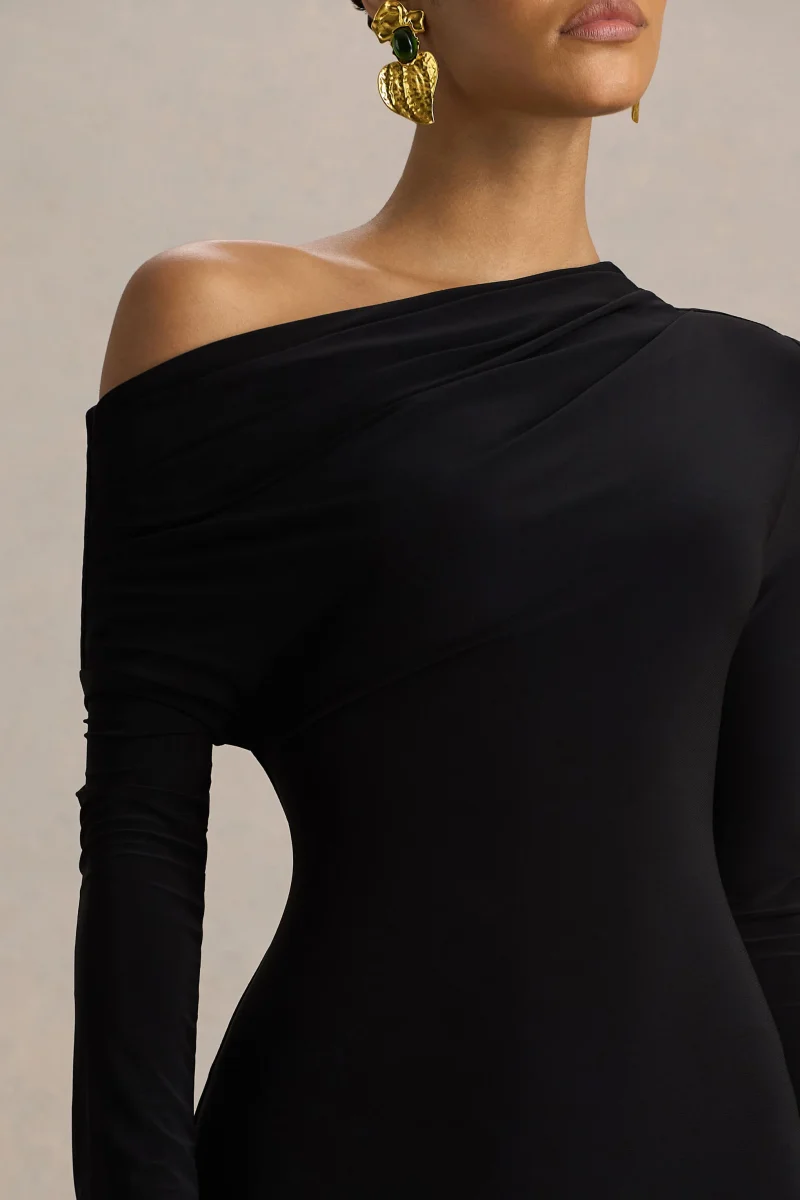 Isola | Vestido Midi Negro con Escote Asimétrico y Cintura Caída - Imagen 4