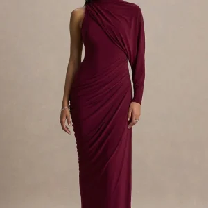 Aphra | Vestido Largo burdeos con escote alto y manga capa