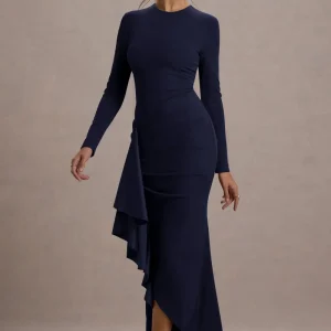 Alayna | Vestido largo ajustado al cuerpo de manga larga con volante lateral en color azul oscuro