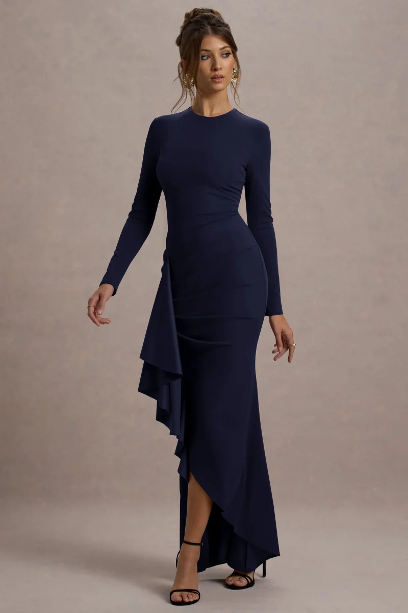 Alayna | Vestido largo ajustado al cuerpo de manga larga con volante lateral en color azul oscuro - Imagen 2