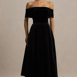 Ablaze | Vestido Midi Negro Con Escote Bardot