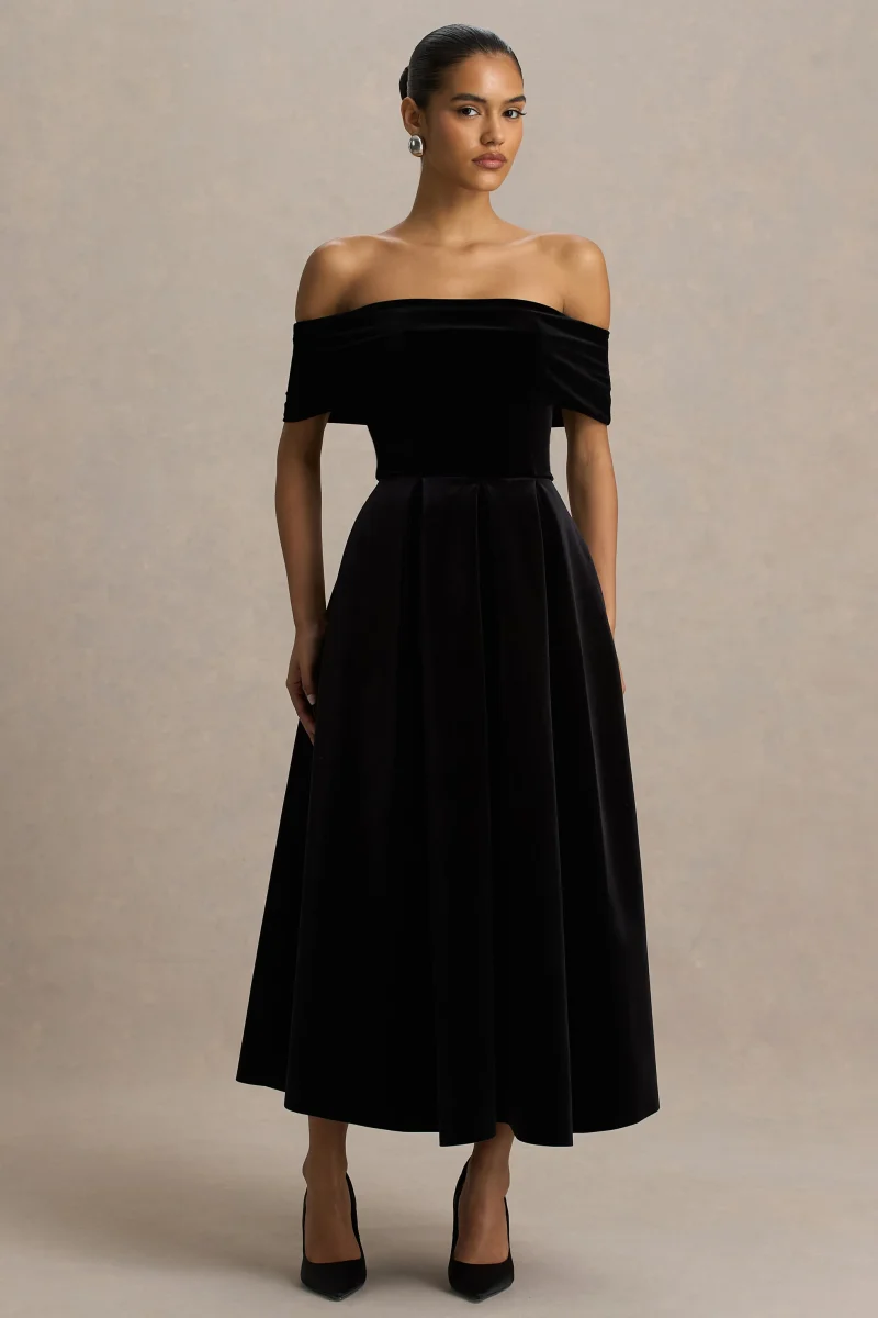 Ablaze | Vestido Midi Negro Con Escote Bardot - Imagen 2