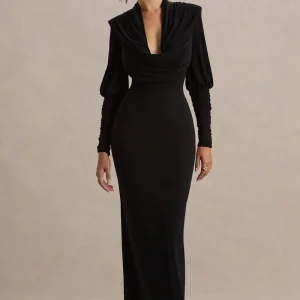 Kaylee | Vestido largo negro con mangas largas y escote profundo