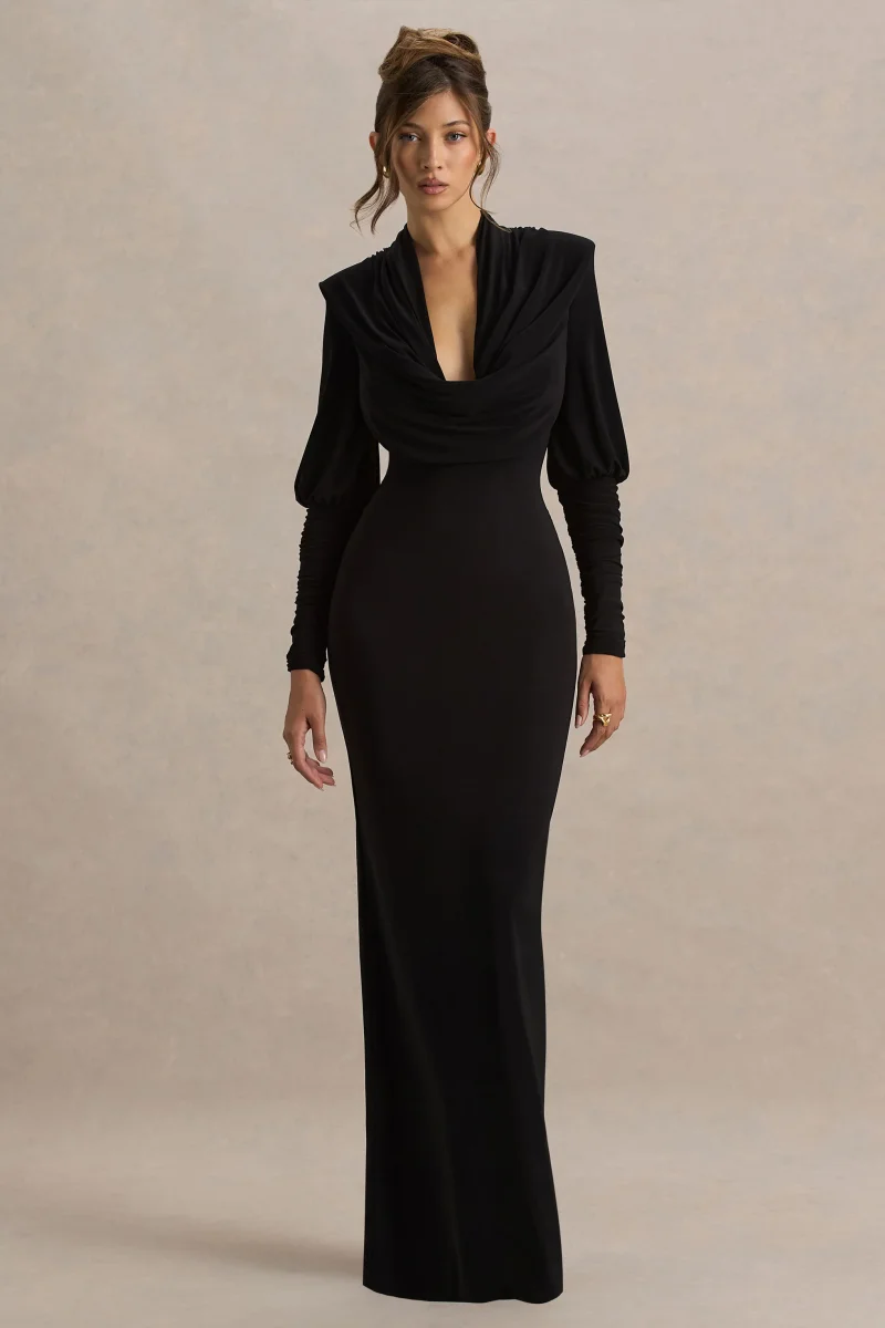 Kaylee | Vestido largo negro con mangas largas y escote profundo - Imagen 2