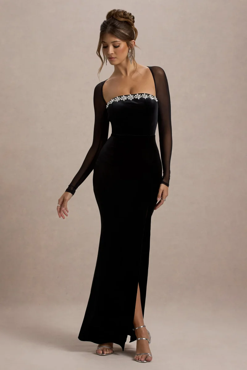 Ashby | Vestido Largo con escote cuadrado y abertura, adornado con terciopelo negro. - Imagen 6