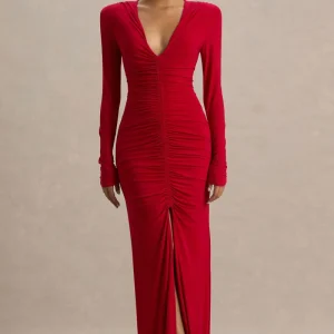 Jewel | Vestido Largo Rojo con Escote Pronunciado Abertura Frontal y Detalles Fruncidos
