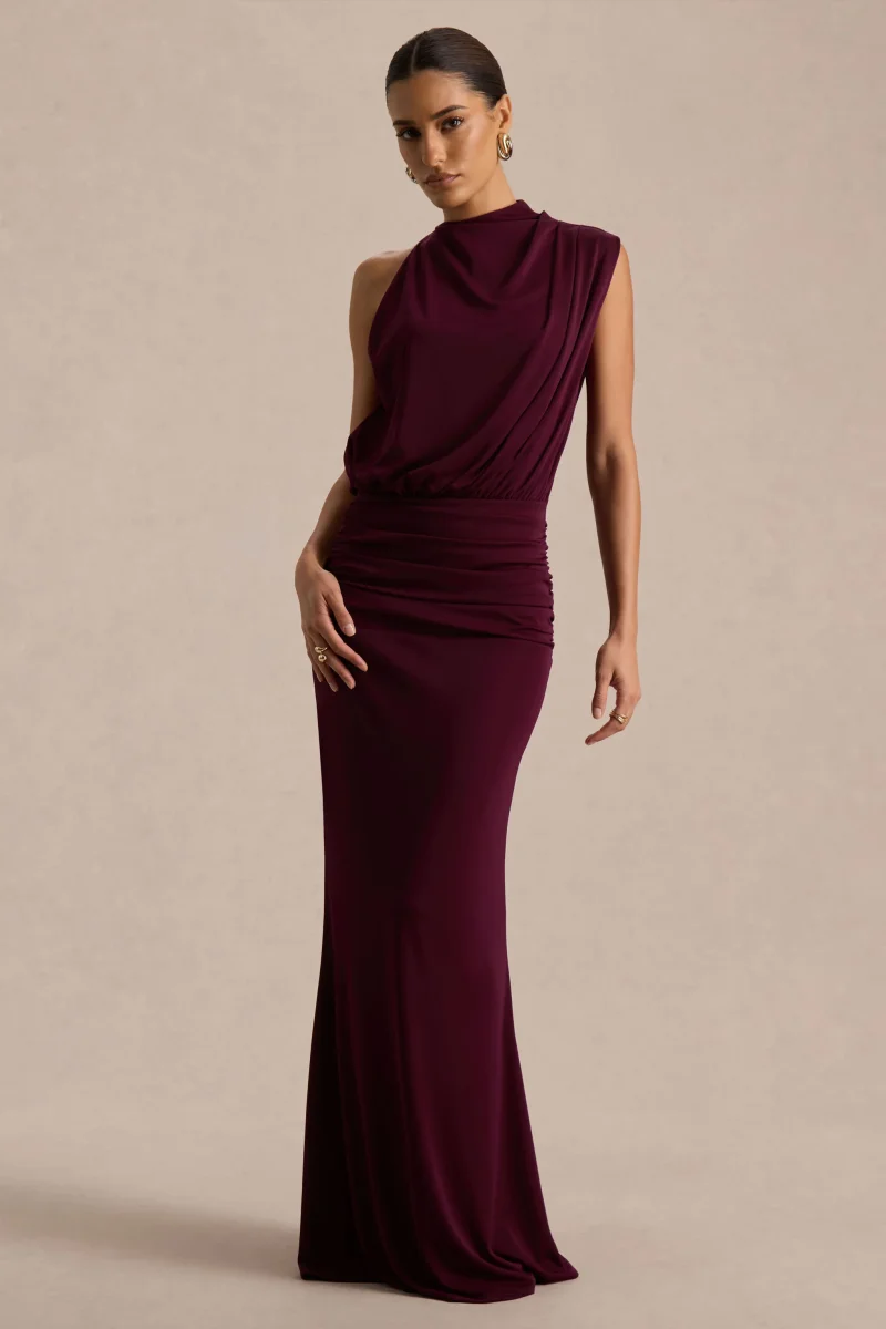 Umaira | Vestido largo burdeos con escote alto - Imagen 5