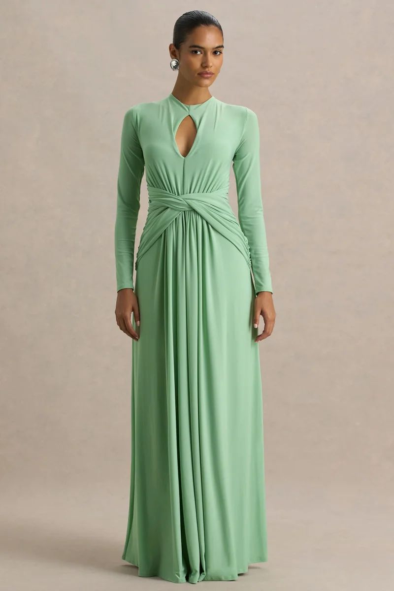 With Me | Vestido largo verde de cuello alto con frunces y aberturas - Imagen 5