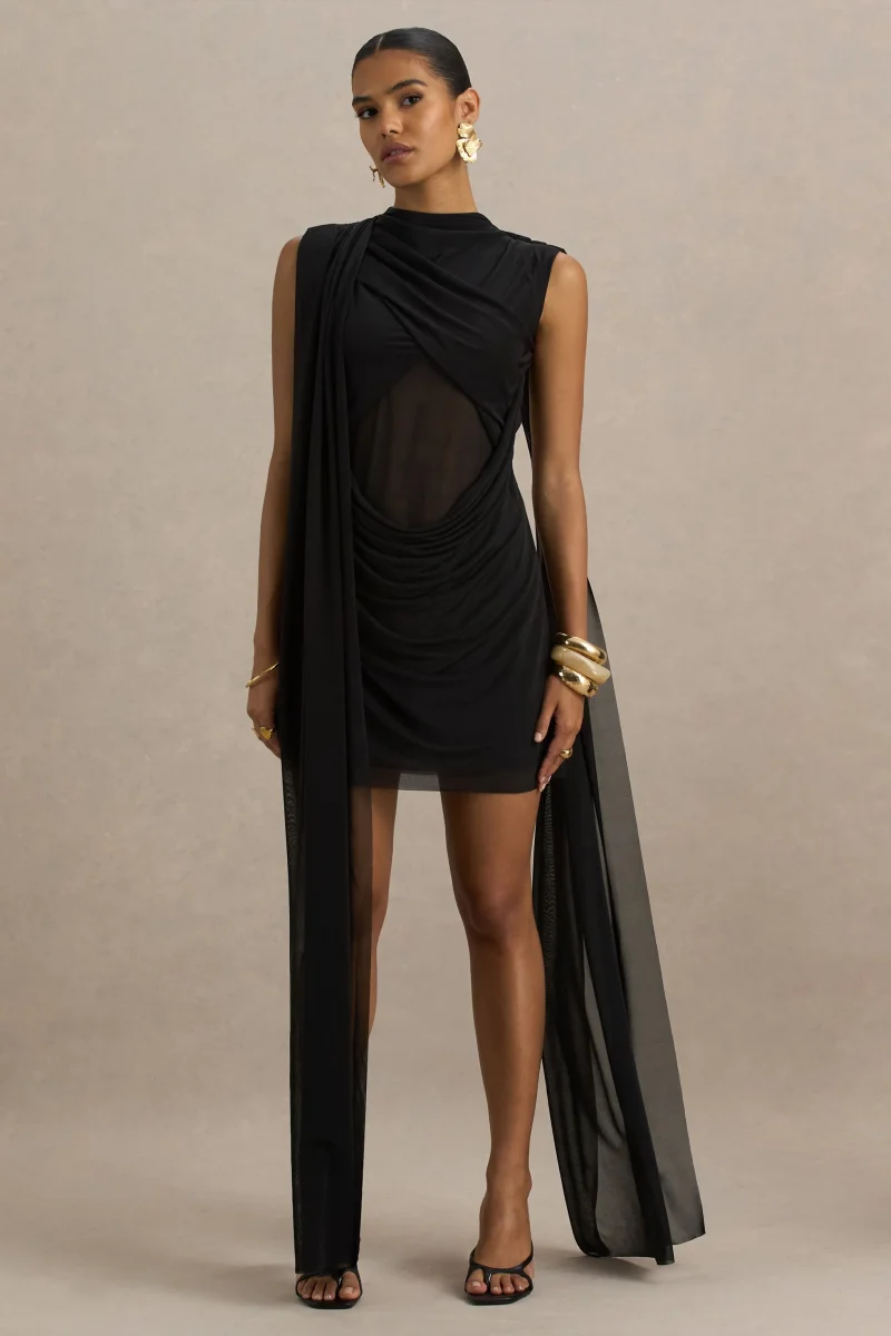 Riad | Vestido corto negro de gasa con cuerpo transparente y capa de mangas dobles. - Imagen 4