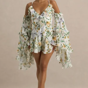 Anaya | Mono Corto De Gasa Con Estampado Floral En Color Limón Y Mangas Largas