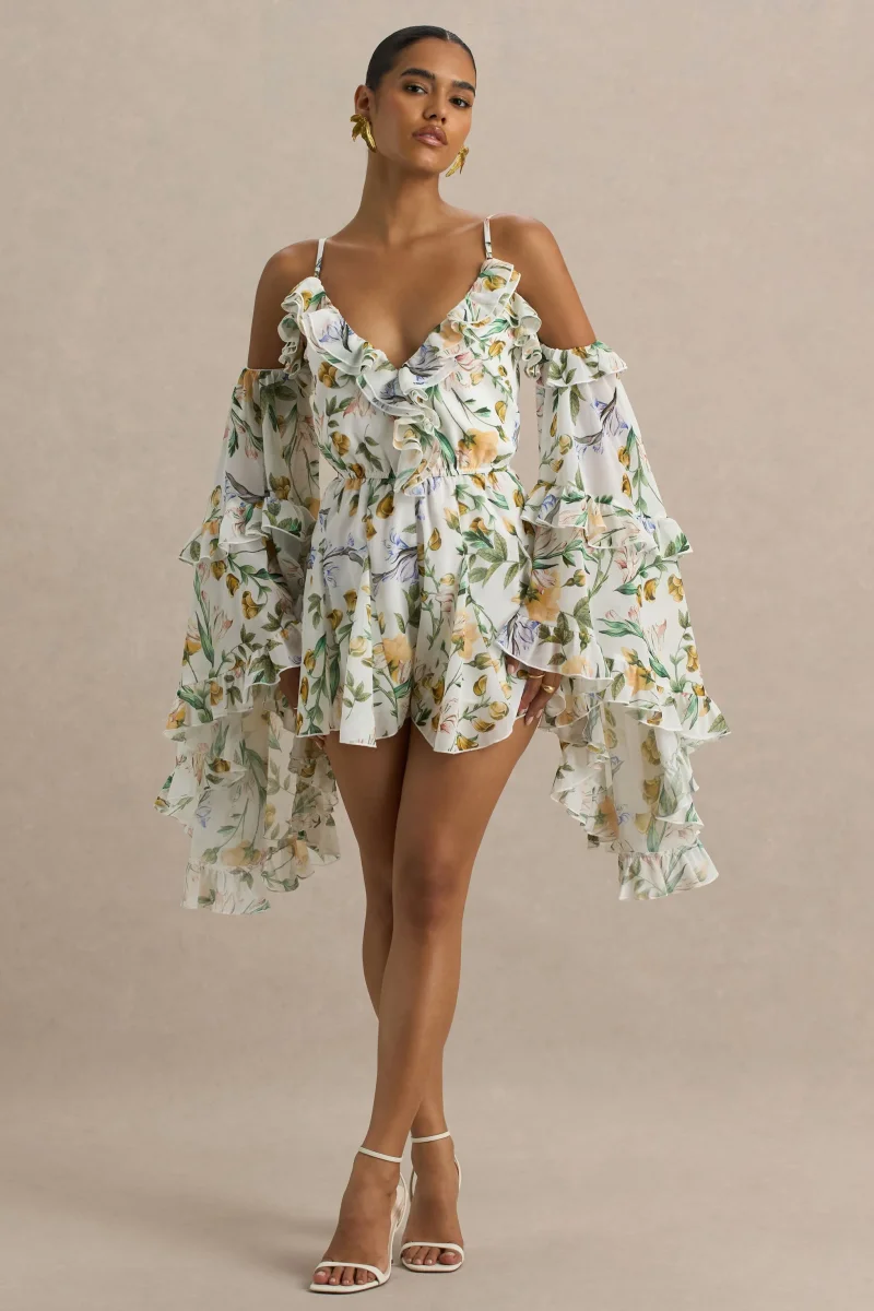 Anaya | Mono Corto De Gasa Con Estampado Floral En Color Limón Y Mangas Largas - Imagen 2