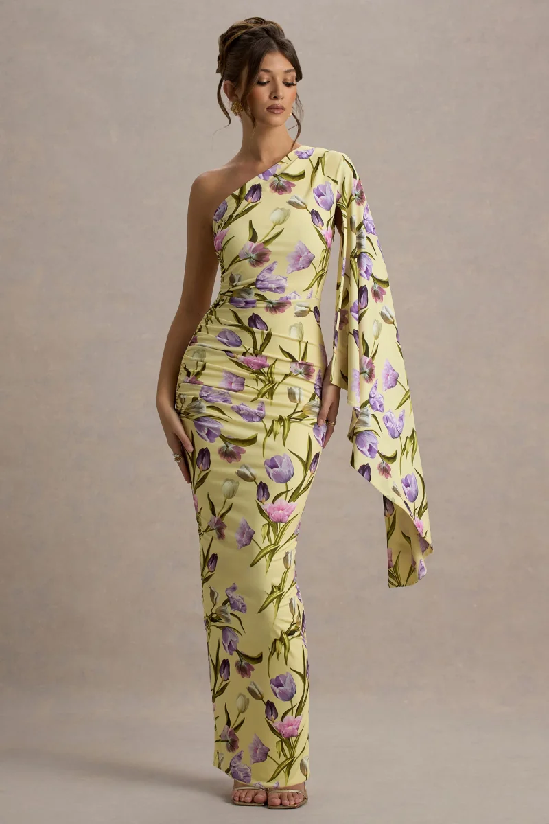 Clementina | Vestido largo con estampado floral y manga larga y drapeada - Imagen 2