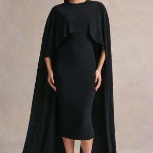 Kalani | Vestido Midi Negro con Cuello Redondo y Mangas Tipo Capa