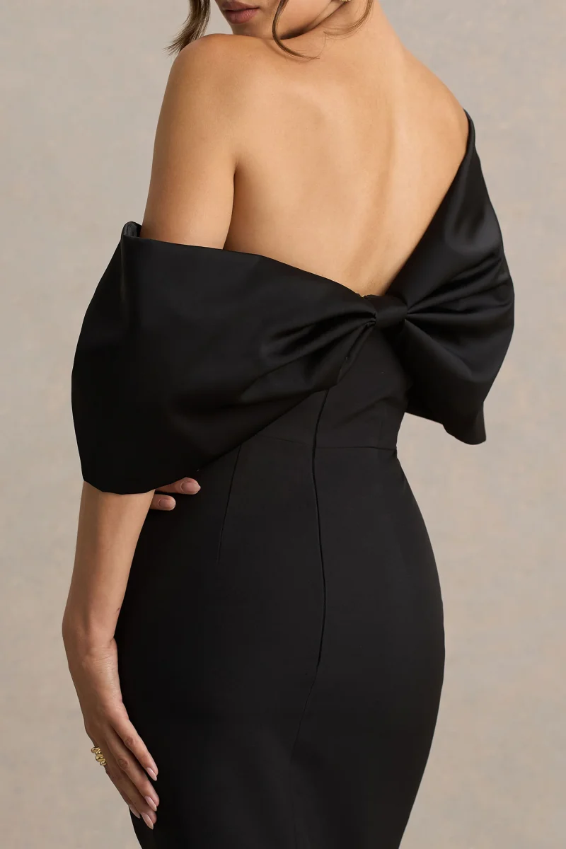 Lucille | Vestido midi negro con escote bardot asimétrico - Imagen 4