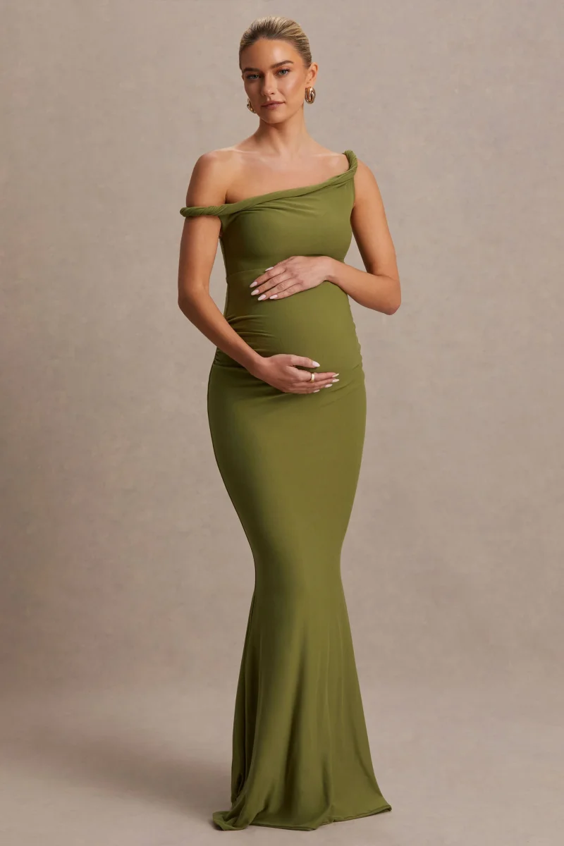 Lita | Vestido Largo premamá color oliva con escote asimétrico retorcido - Imagen 6