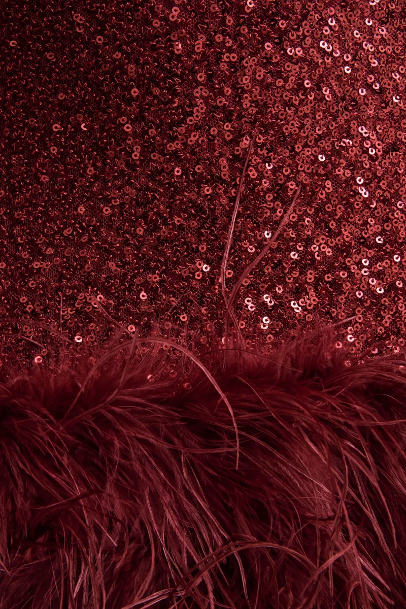 Rosalinda | Vestido Corto Burdeos de Lentejuelas con Escote Cuadrado y Ribete de Plumas - Imagen 7