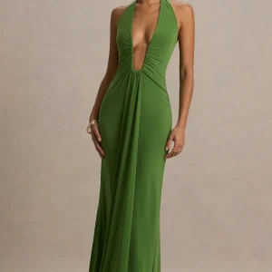 Hera | Vestido Largo Verde con Escote profundo y detalles plisado