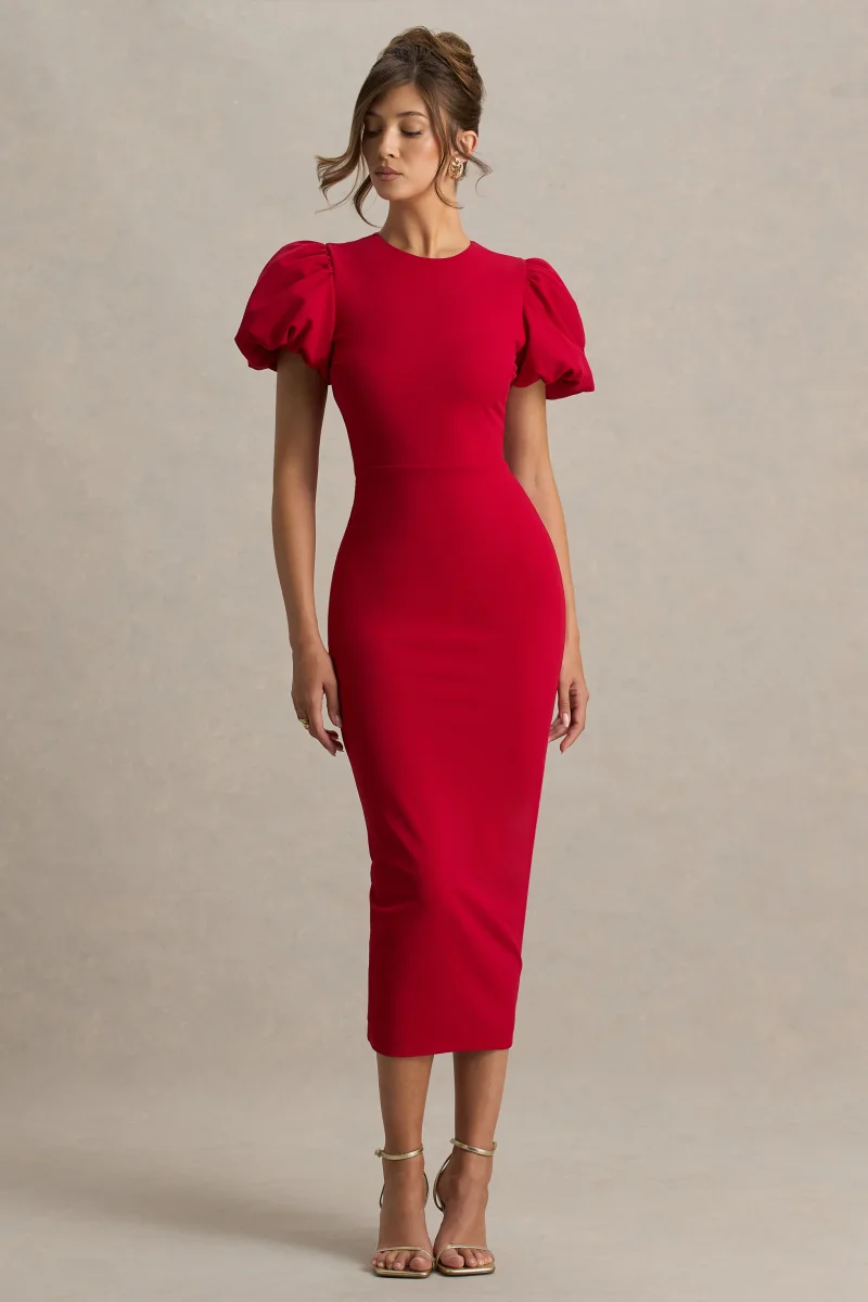 Dakota | Vestido midi rojo con mangas abullonadas - Imagen 5