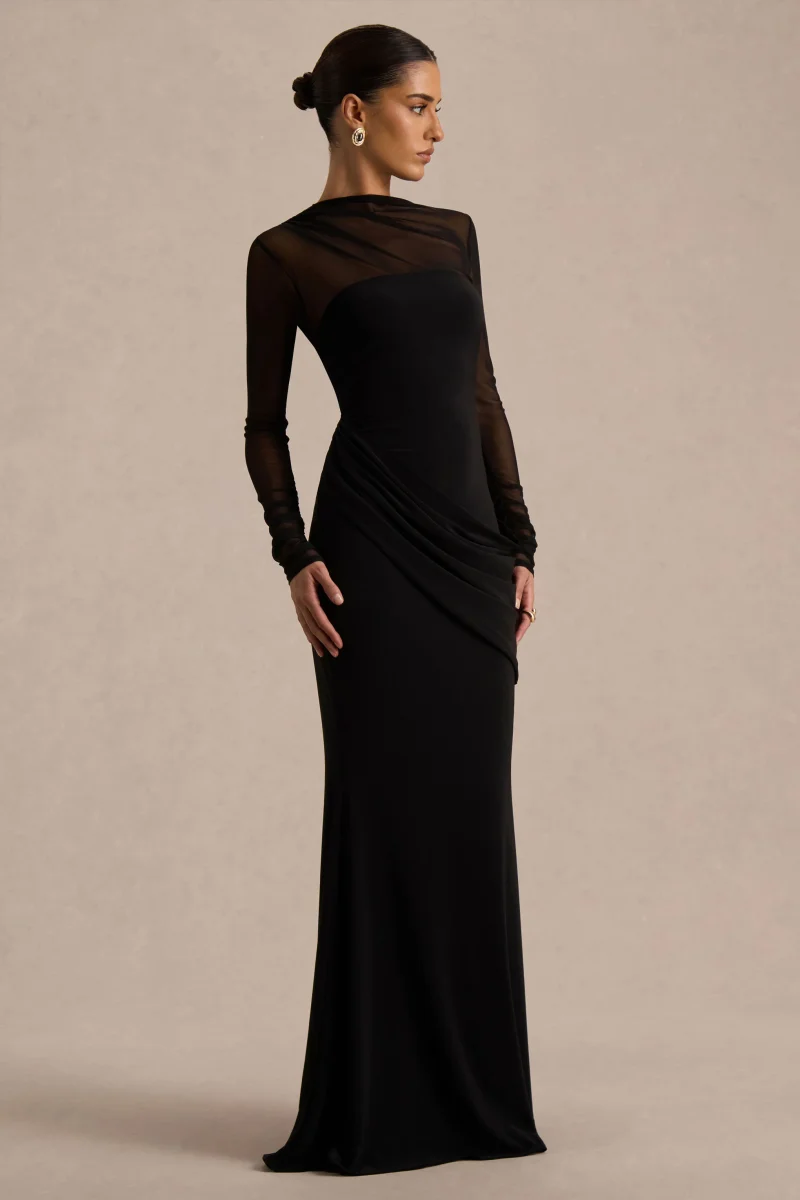 Deema | Vestido Largo Negro de Jersey y Malla con Cuello Alto - Imagen 6