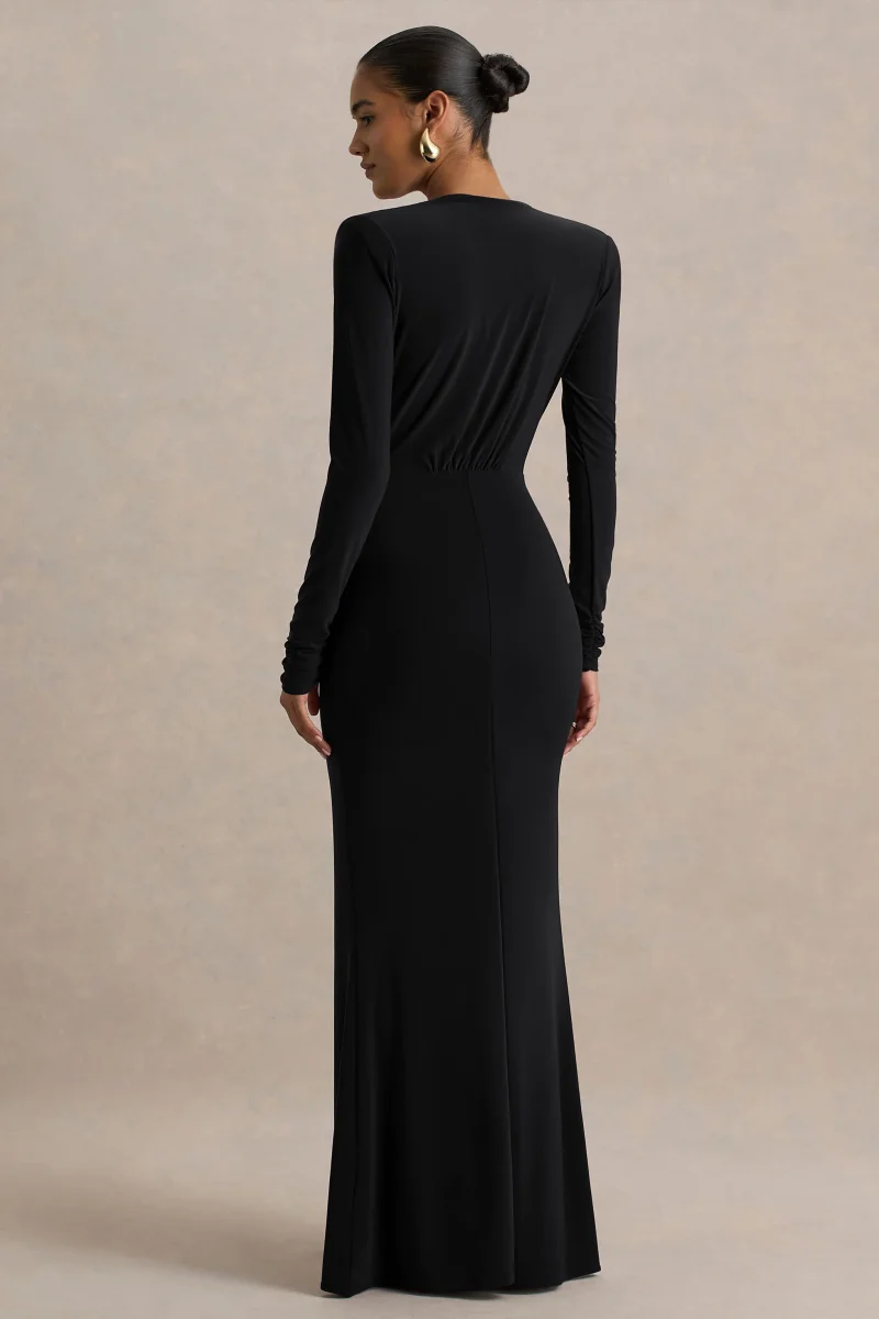 Flashy | Vestido Largo negro con escote pronunciado y detalles fruncidos - Imagen 3