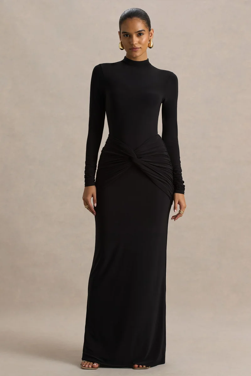 Alula | Vestido Largo Negro con Escote Alto y Detalle de Nudo - Imagen 6