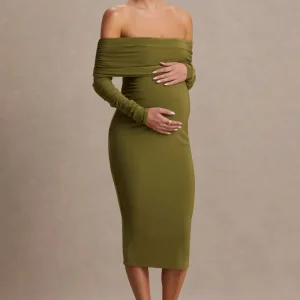 Elspeth | Vestido Midi Premamá con Escote Bardot, Color Oliva