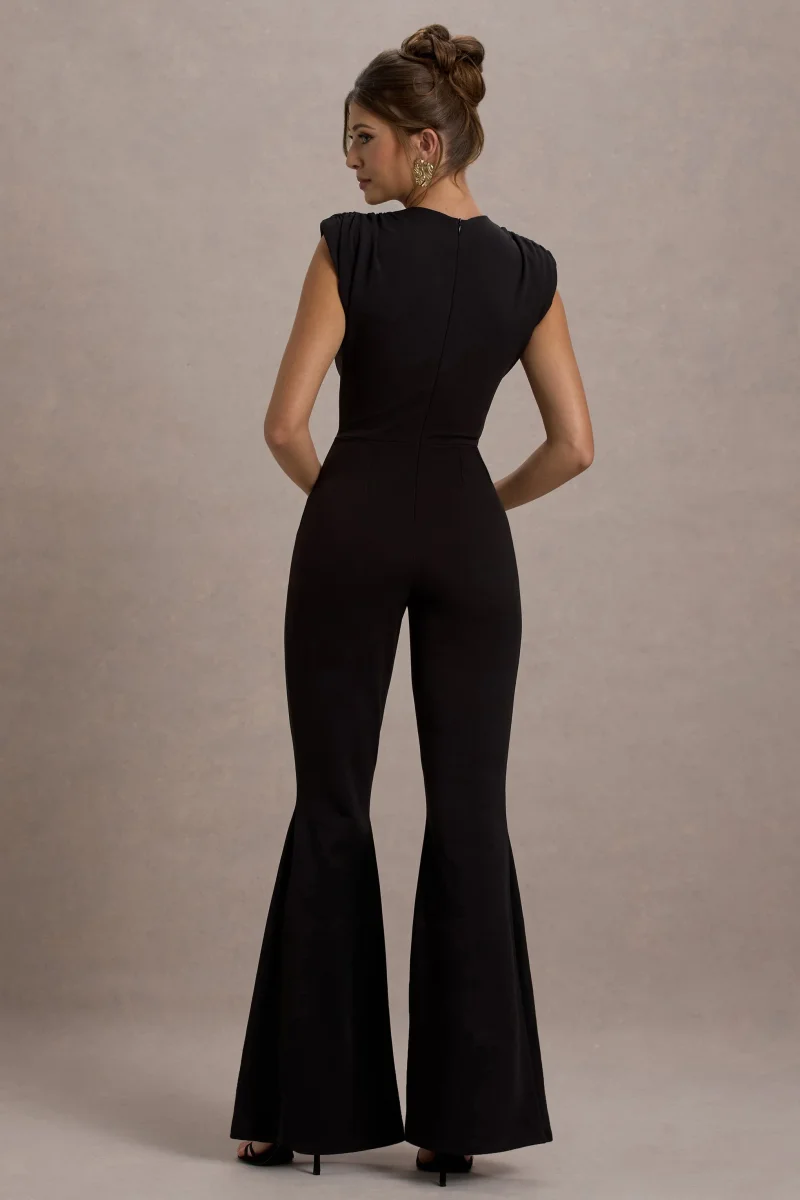 Elyna | Mono negro con hombros fruncidos y pantalones acampanados - Imagen 3