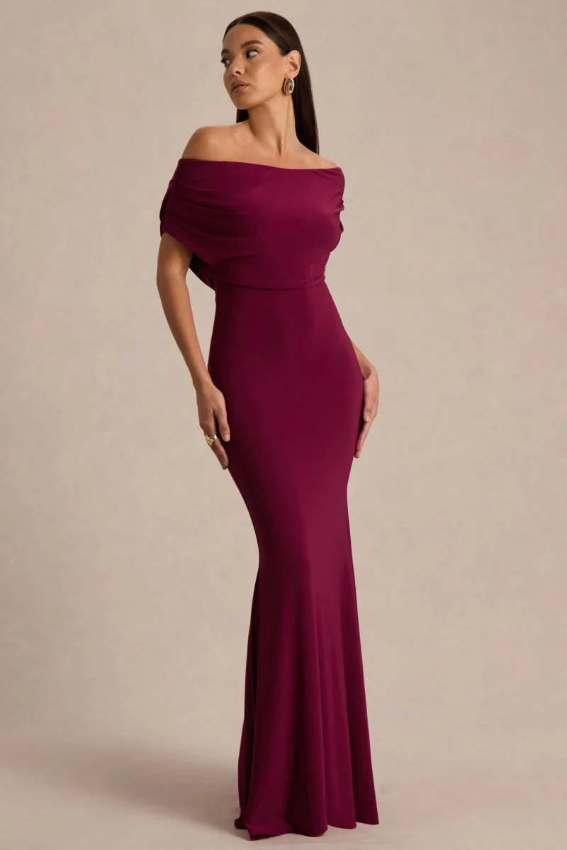 Bowden | Vestido Largo Berry con Escote Bardot - Imagen 5