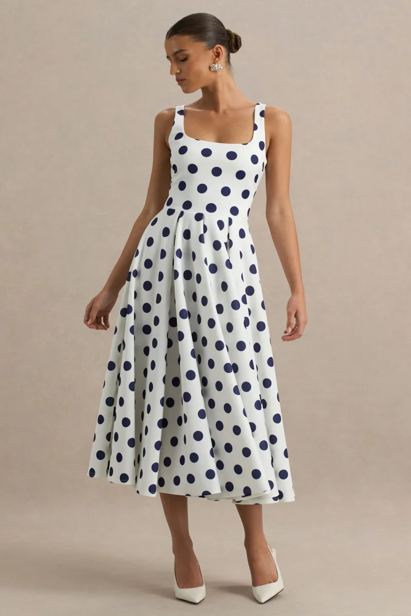 Berta | Vestido midi con escote cuadrado y falda volumen de lunares azul marino - Imagen 4