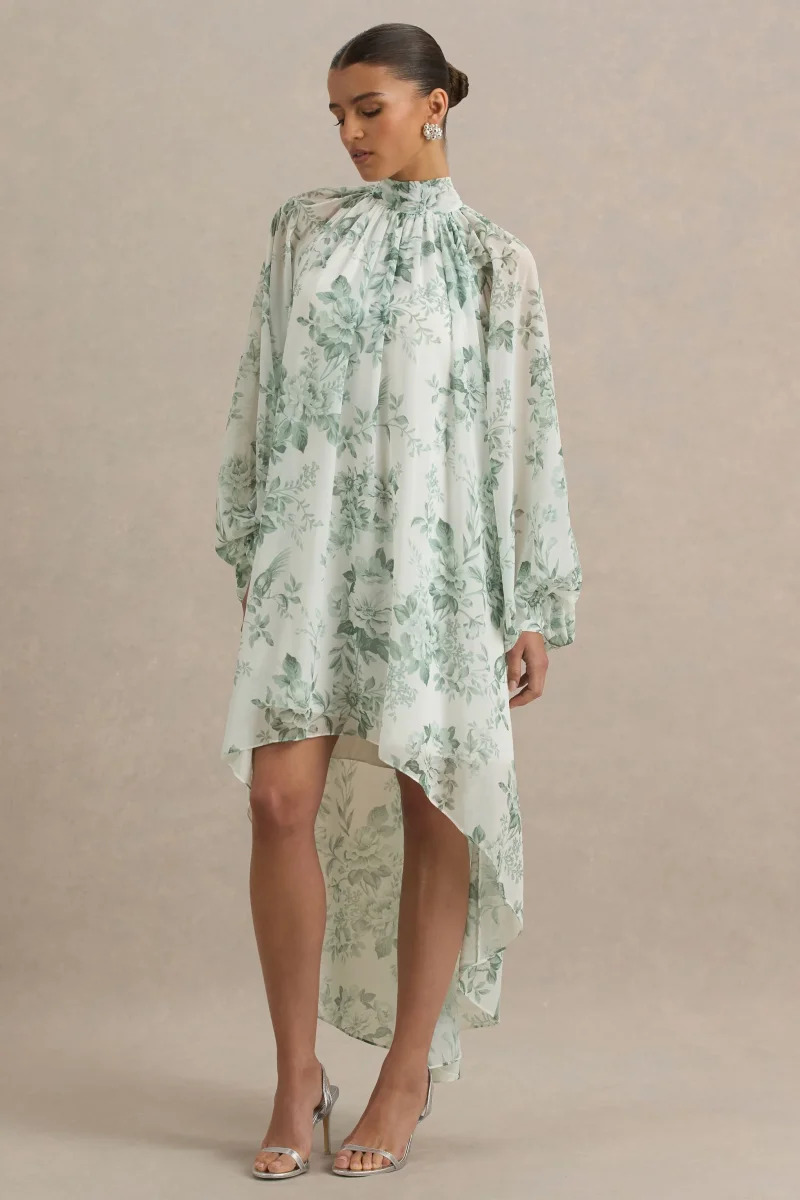 Delphia | Vestido Largo de Chiffón y Estampado Floral Verde - Imagen 2