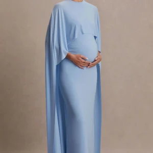Padma | Vestido Largo Premamá Azul Polvo Drapeado con Mangas Capa