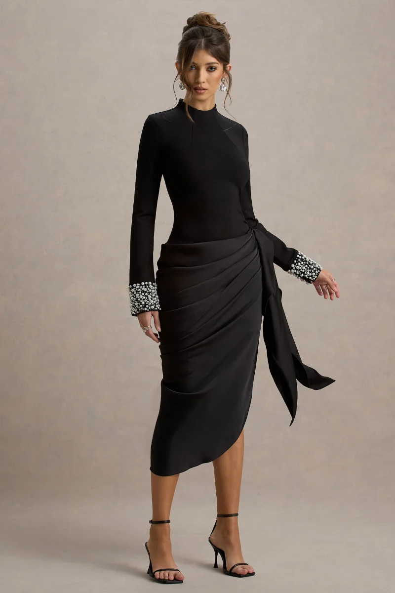 Luanna | Vestido Midi Negro de Satén con Mangas Largas y Falda Drapada - Imagen 4
