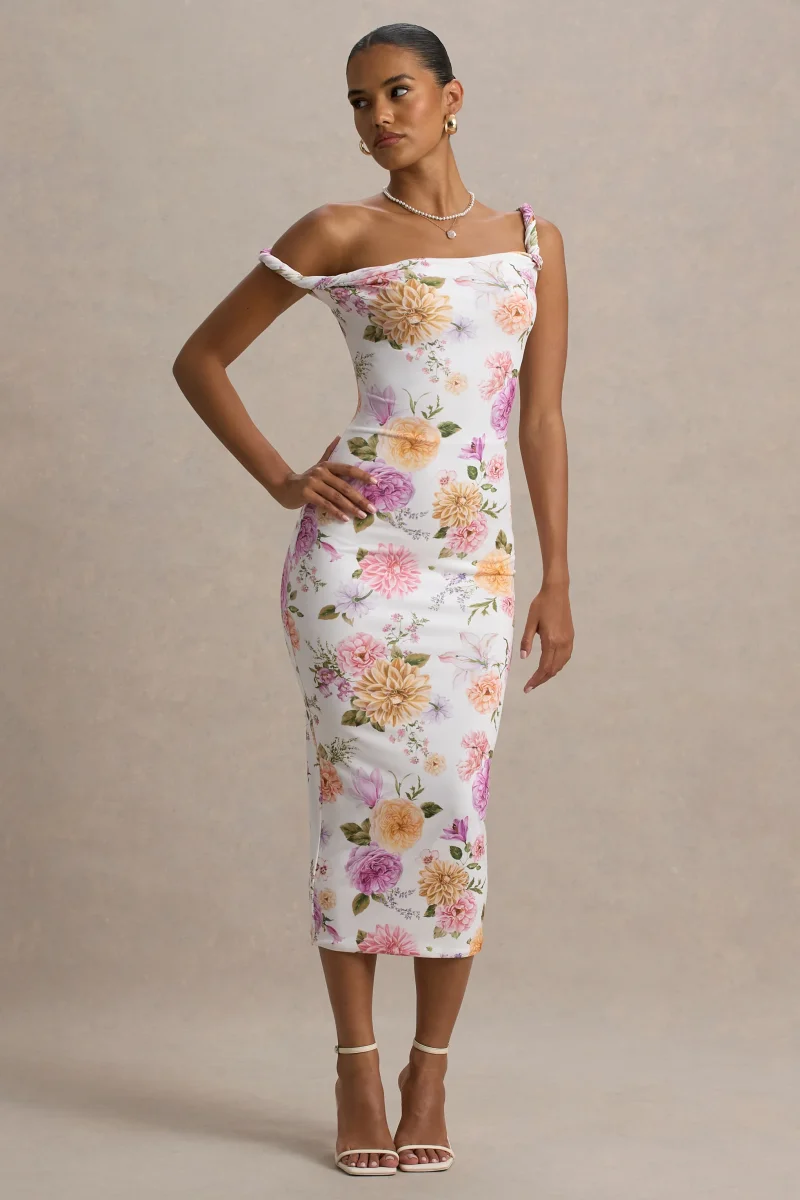Nora | Vestido midi ajustado con escote asimétrico con detalle torcido con estampado floral - Imagen 6