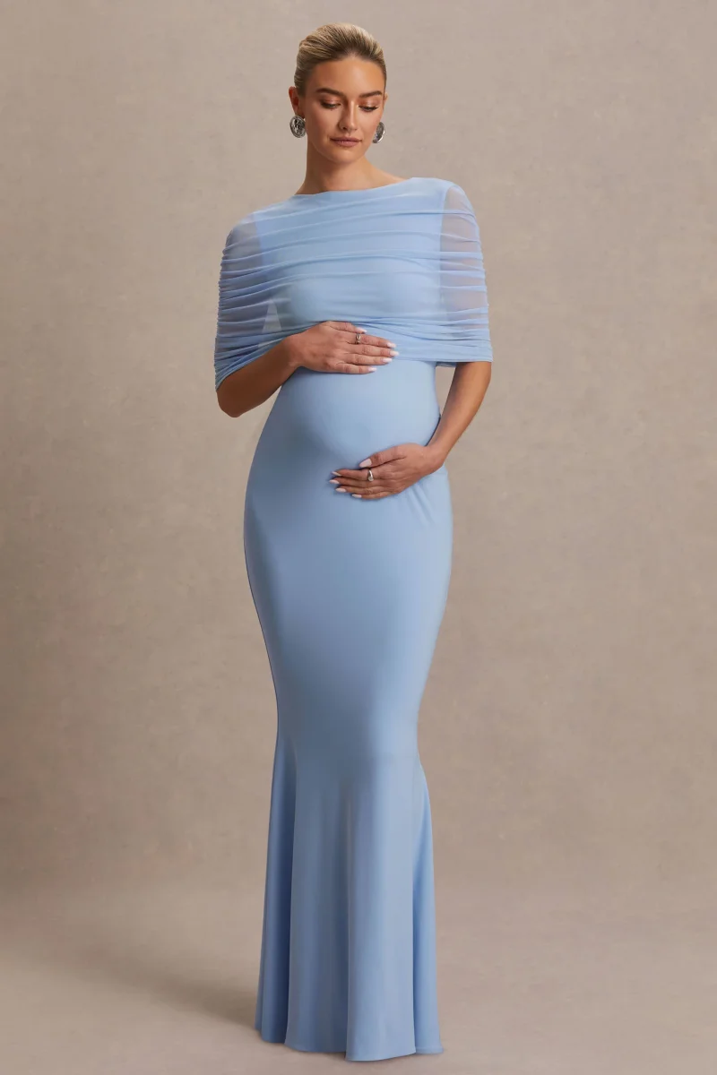 Zaria | Vestido Largo Azul Polvo con Escote Redondo y Capa Superpuesta - Imagen 5