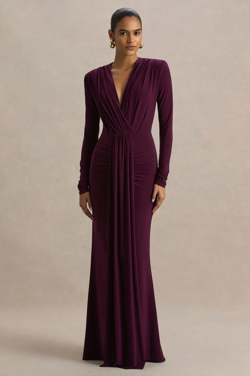 Flashy | Vestido Largo burdeos con escote pronunciado y detalles fruncidos