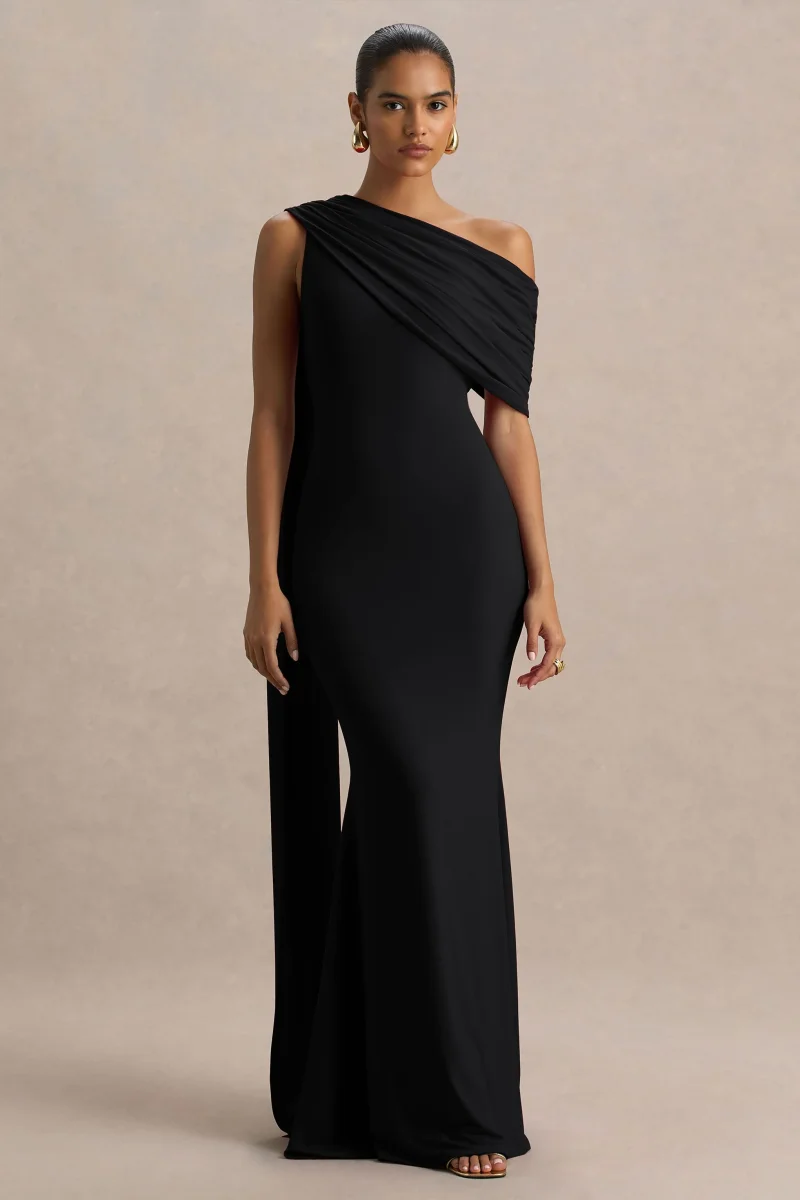 Zendaya | Vestido Largo Negro con Escote Asimétrico Cola de Pez y Detalle de Capa - Imagen 6