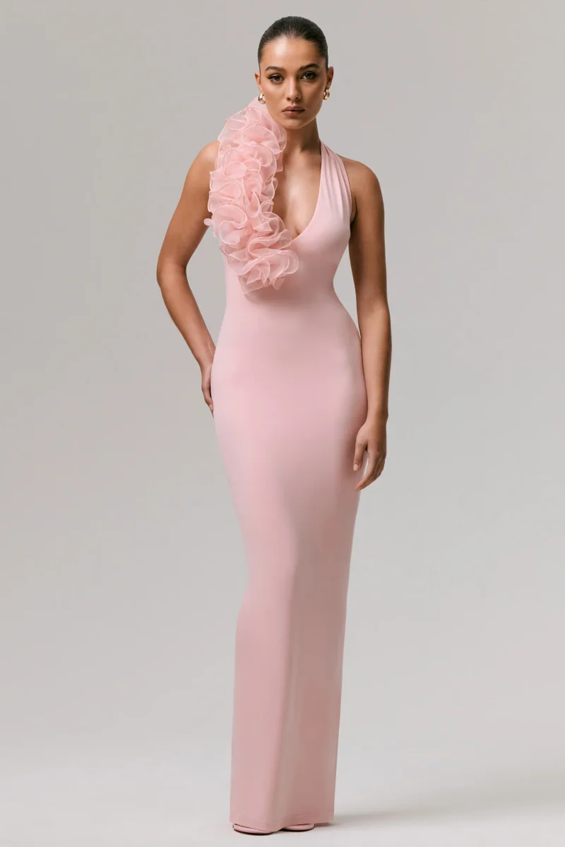 Harriet | Vestido largo rosa con escote pronunciado y detalle floral lateral - Imagen 5
