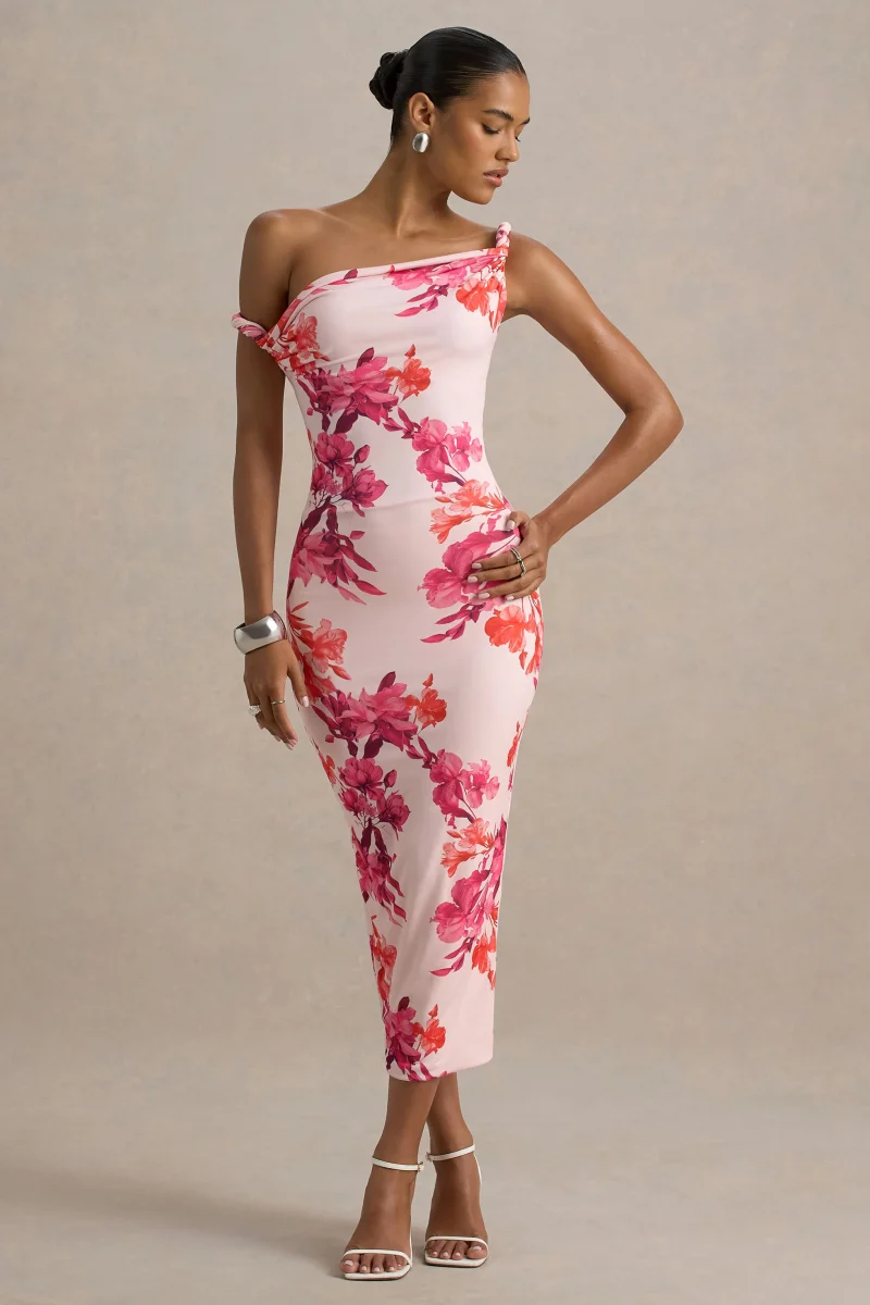 Tatian | Vestido midi entallado con escote asimétrico y estampado floral rosado - Imagen 5