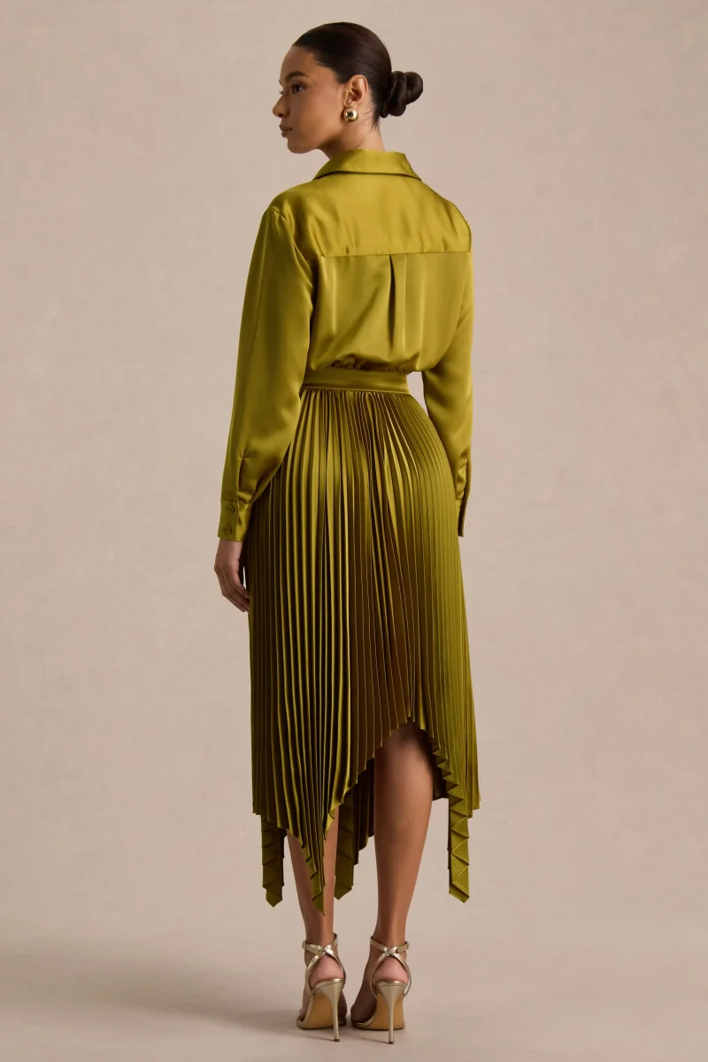 Naxos | Vestido Largo Camisero de Satén Color Oliva - Imagen 3