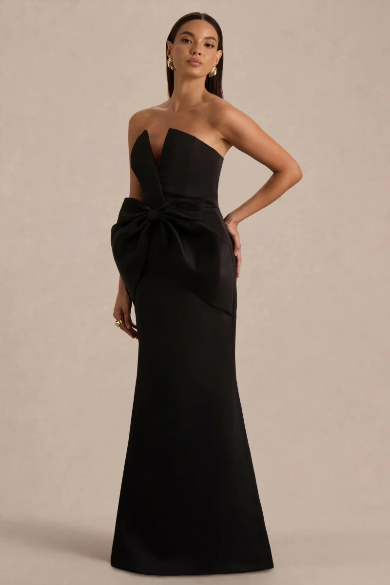 Sonata | Vestido Largo Negro de Satén con Escote Bandeau y Falda Tulipán - Imagen 7