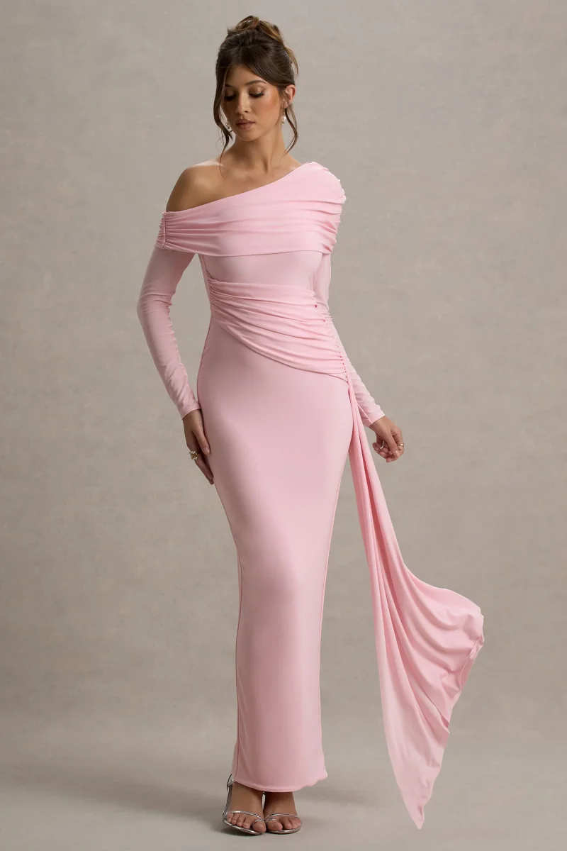 Valina | Vestido largo rosa con mangas largas y drapeado lateral - Imagen 6